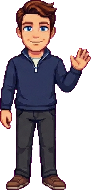 Pixel art of Andy waving: brown hair, navy quarter-zip.
