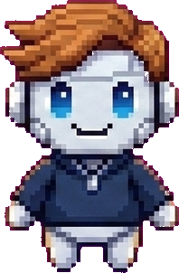 A small friendly robot with matching hair and quarter-zip.