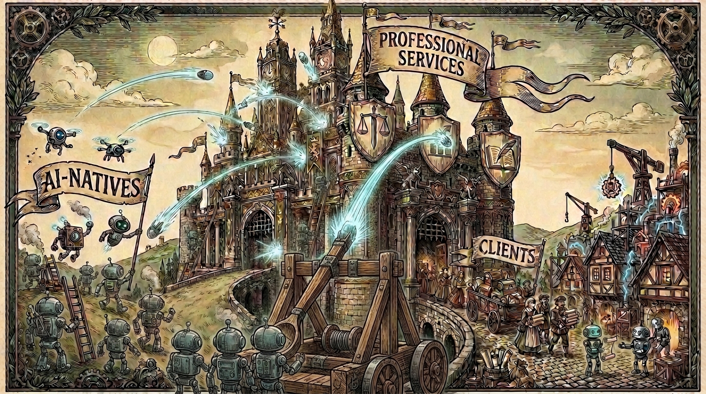 The two battles, as a castle siege: AI-natives attack the professional services castle while clients carry work out of the gate to a modernizing town.