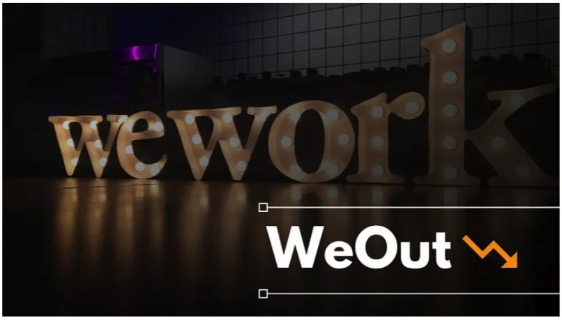 WeWork sign in marquee lights with the headline "WeOut" and a downward arrow.